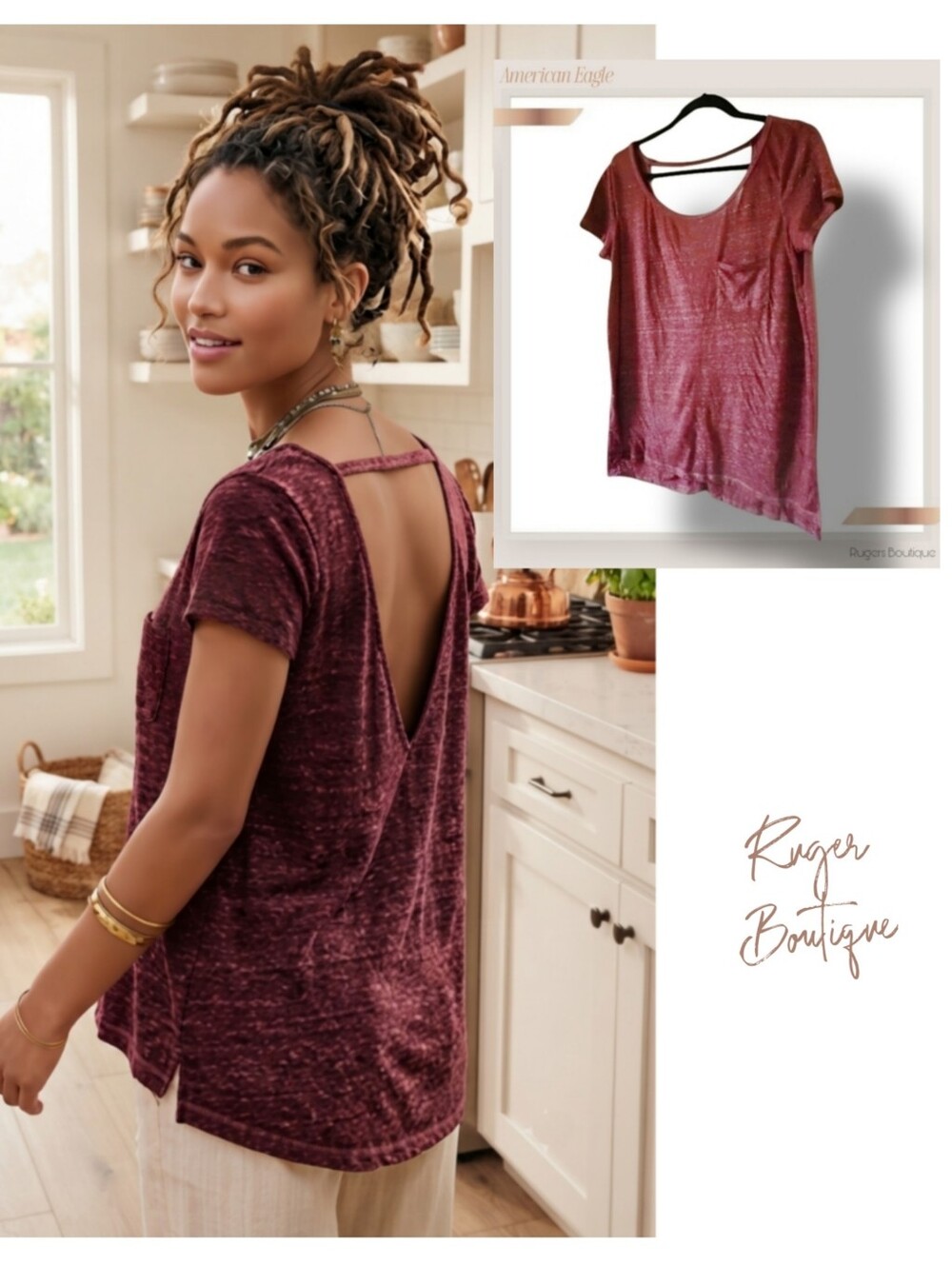 🌿American Eagle Distressed High-Low Maroon Pocket Tee Medium